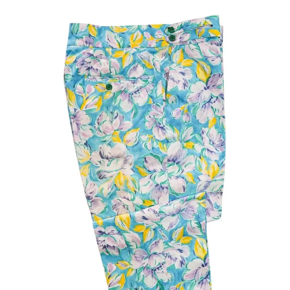 Mens Gurkha Pants 38 Blue Purple Yellow Floral Straight Fit Flat Front Trousers